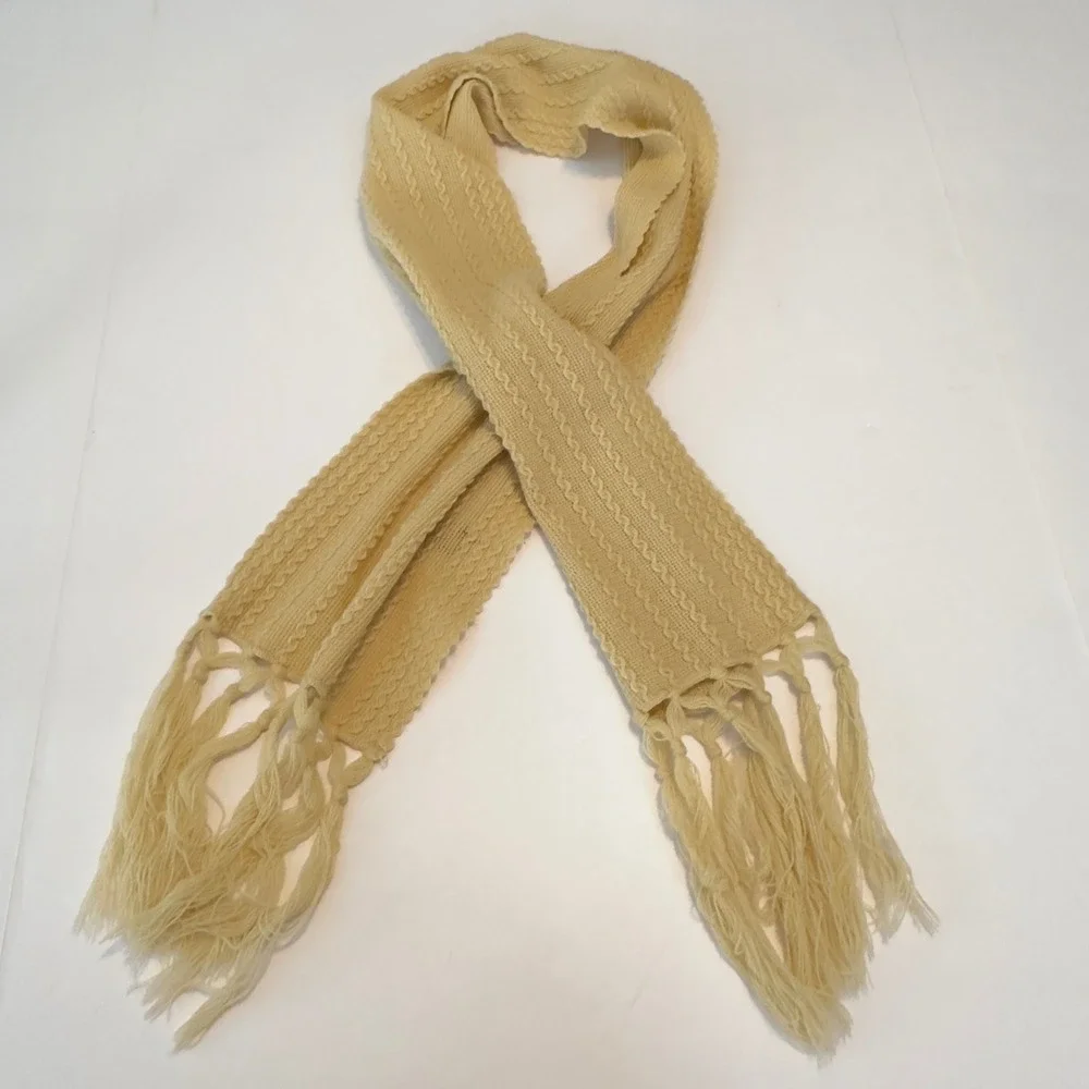 Vintage WPL Cream Cable Knit Scarf Hand Knotted Fringe‎ Made in Japan 66x8.5